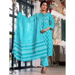 MIRCHI FASHION Women Turquoise Blue Ethnic Motifs Printed Gotta Patti Pure Cotton Kurta with Trousers & With Dupatta-picture-15