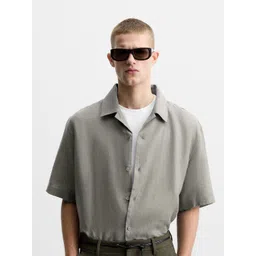 MISCHIEF MONKEY Men Classic Fit Solid Cuban Collar Linen Casual Shirt-picture-27