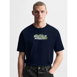 MISCHIEF MONKEY Typography Printed Drop-Shoulder Sleeves Pure Cotton Oversized T-shirt-picture-40