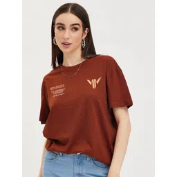 MISCHIEF MONKEY Women Typography Printed Round Neck Cotton Oversized T-Shirt image 1