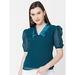 MISH Teal Green Puff Sleeves Georgette Shirt Style Top-picture-31