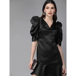 MISH Women Black Solid Puffed Sleeve Drop-Waist Dress-image-49
