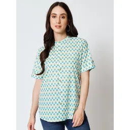 Mishpra Floral Printed Band Collar Pure Cotton Shirt Style Top-picture-43