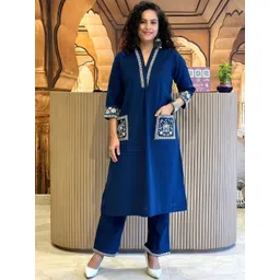 Mishree Collection Women Ethnic Motifs Embroidered Regular Thread Work Pure Cotton Kurta with Trousers-picture-21