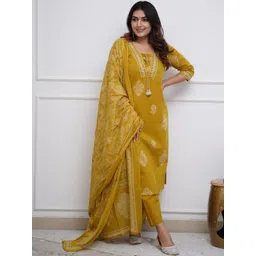 Mishree Collection Women Ethnic Motifs Printed Regular Mirror Work Pure Cotton Kurta with Trousers & With-picture-14