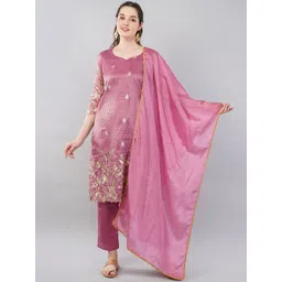 Mishy Floral Embroidered Sequinned Sweetheart Neck Kurta With Trousers & Dupatta-picture-34