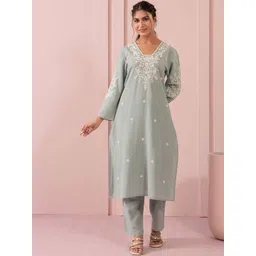 MISRI Women Floral Embroidered Cotton Kurta with Trousers-picture-28