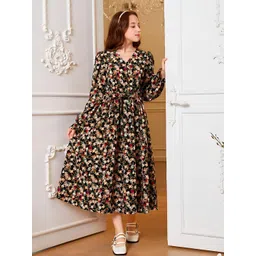 Miss & Chief Girls Floral Printed Puff Sleeve Fit & Flare Midi Dress with a Belt-picture-39