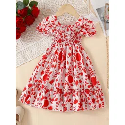 Miss & Chief Girls Floral Printed Square Neck Puff Sleeve Smocked Fit & Flare Dress-picture-37