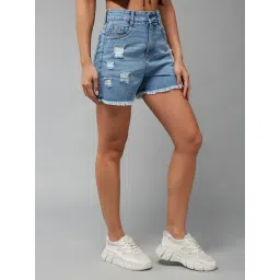 Miss Chase Blue Denim Relaxed Fit Relaxed Fit Mid Rise Shorts-picture-20