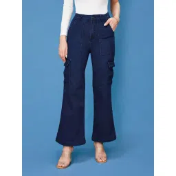 Miss Chase Blue Flared Fit High Rise Stretchable Cargo Jeans-picture-10