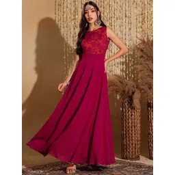 Miss Chase Boat Neck Sleeveless Self Design Lace Overlaid Regular Dress-picture-34