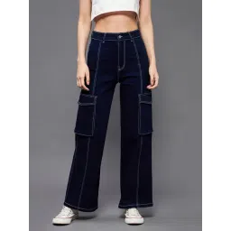 Miss Chase Dark Blue Denim Relaxed Fit High Rise Cargo Jeans-picture-31