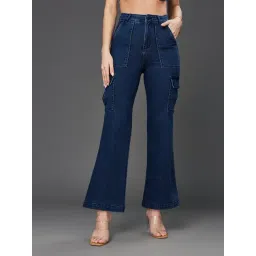 Miss Chase Dark Blue Denim Relaxed Fit High Rise Cargo Jeans-picture-21