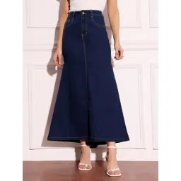 Miss Chase Dark Blue Denim Solid Skirt-picture-20