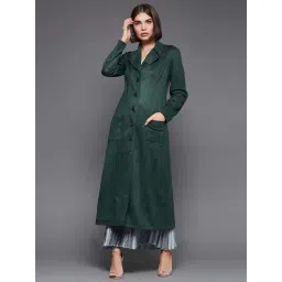 Miss Chase Dark Green V Neck Full Sleeve Longline Button Down Polyester Jacket-picture-36