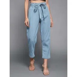 Miss Chase Light Blue Paperbag High Rise Clean Look Regular Stretchable Light Weight Denim Jeans-picture-31