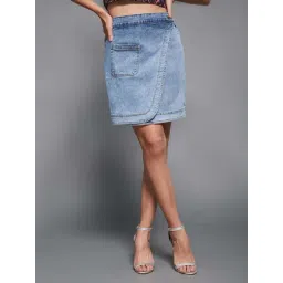 Miss Chase Light Blue Regular High Rise Clean Look Above Knee Stretchable Denim Skirt-picture-19