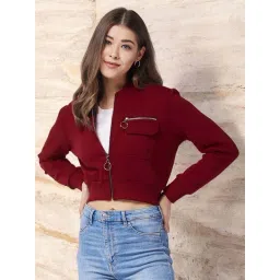 Miss Chase Maroon Stand Collar Full Sleeve Boxy/bomber Crop Jacket-picture-16