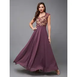 Miss Chase Mauve Sweetheart Neck Raglan Sleeve Self Designed Fit & Flare Georgette Maxi Dress-picture-10