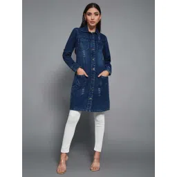 Miss Chase Navy Blue Polo Neck Full Sleeves Patch Pocket Denim Overcoat Knee Length Jacket-picture-17