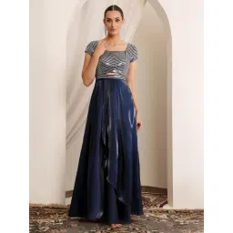 Miss Chase Navy Blue Satin Embellished Short Sleeves Dress-picture-35