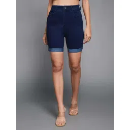 Miss Chase Navy Blue Skinny High Rise Clean Look Regular Length Stretchable Denim Shorts-picture-30
