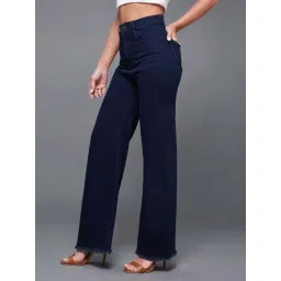 Miss Chase Navy Blue Wide Leg High Rise Clean Look Regular Length Stretchable Denim Jeans-picture-32