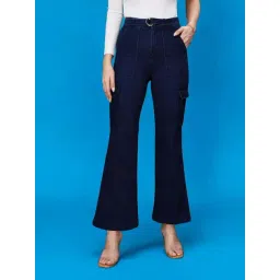 Miss Chase Navy Blue Wide Leg High Rise Clean Look Regular Stretchable Cargo Denim Jeans-picture-16