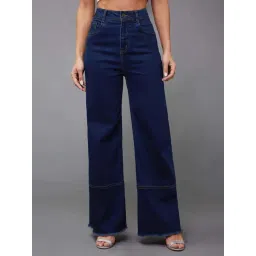 Miss Chase Navy Blue Wide Leg High Rise Clean Look Regular Stretchable Denim Jeans-picture-40