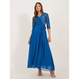 Miss Chase Royal Blue Georgette Solid Three-Quarter Sleeves Dress-picture-14