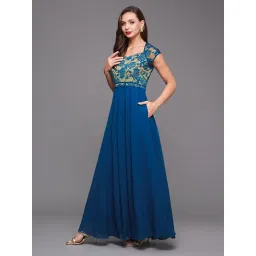 Miss Chase Royal Blue Sweet Heart Neck Cap Sleeve Floral Fit & Flare Georgette Maxi Dress image 2