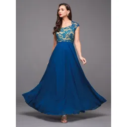 Miss Chase Royal Blue Sweet Heart Neck Cap Sleeve Floral Fit & Flare Georgette Maxi Dress image 1