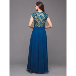 Miss Chase Royal Blue Sweet Heart Neck Cap Sleeve Floral Fit & Flare Georgette Maxi Dress image 3
