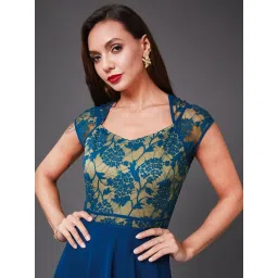 Miss Chase Royal Blue Sweet Heart Neck Cap Sleeve Floral Fit & Flare Georgette Maxi Dress image 4