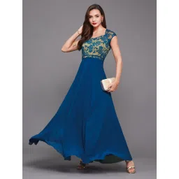 Miss Chase Royal Blue Sweet Heart Neck Cap Sleeve Floral Fit & Flare Georgette Maxi Dress image 5