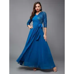 Miss Chase Royal Blue V Neck 3/4 Sleeve Self Designed Wrap Styled Georgette Maxi Dress-picture-12