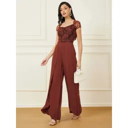 Miss Chase Rust Sweetheart Neck Raglan Sleeve Floral Lace Overlaid Crepe Regular Length Jumpsuit-picture-12