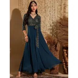 Miss Chase Turquoise Self Design Dress-picture-12