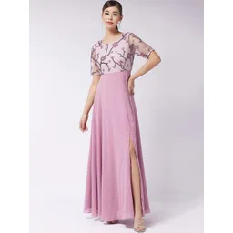 Miss Chase Women Dusty Lavender Round Neck Half Sleeve Solid Embellished Maxi Dress-picture-40