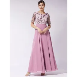Miss Chase Women Dusty Lavender Round Neck Half Sleeve Solid Embellished Maxi Dress image 2