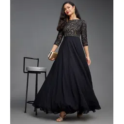 miss chase Women Maxi Black, Yellow Full Length Dress-picture-13