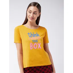 Miss Chase Women Mustard Yellow Typography Printed Pure Cotton T-shirt-picture-12