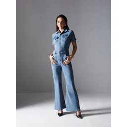 Miss Chase Women Shirt Collar Short Sleeve Waves of Melody Denim Jumpsuit-picture-13
