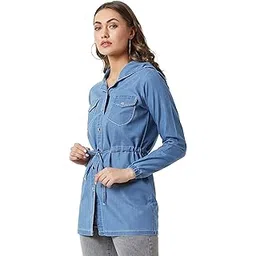miss chase Women's Black Hooded Full Sleeves Solid Tie-Up Detailing Long Denim Jacket-picture-34