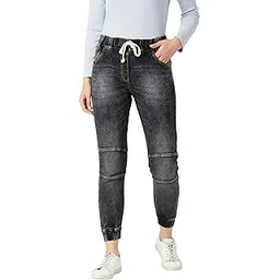 miss chase Women's Black Relaxed Fit Mid Rise Regular Length Stretchable Denim Joggers-picture-14