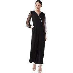 miss chase Women's Black Solid Relaxed Fit Long Sleeve V-Neck Ankle-Length Straight Jumpsuit-picture-22