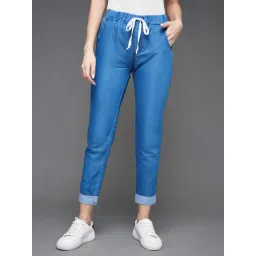 Miss Chase Women's Blue High Rise Clean Look Solid Cropped Striped Detailing Denim Joggers-picture-16