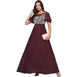 miss chase Women's Boat Neck Half Sleeve Solid Embellished Georgette Maxi Dress-picture-47