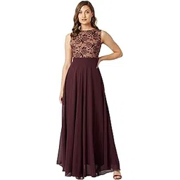 miss chase Women's Brick Red & Dusty Green Boat Neck Sleeveless Self Design Lace Overlaid Regular Dress-picture-37